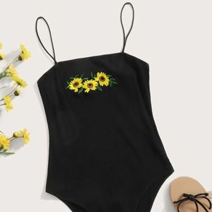 SHEIN Black Bodysuit W/ Sunflower Detail